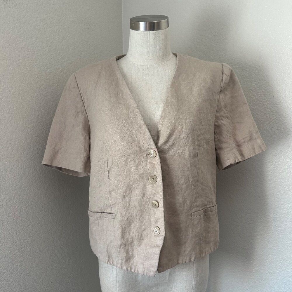 Zara Linen Cropped V Neck Jacket Short Sleeves Minimalist Beige Sz XL